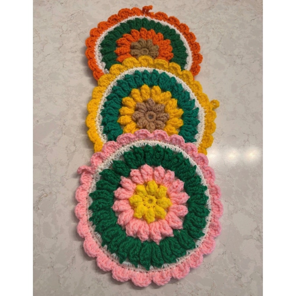 Vintage Crochet Potholders or Hot Plate Set of 3 Floral Handmade Trivets